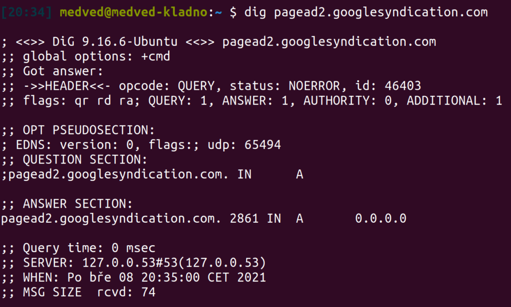 Ukázka, jak se zeptat linuxovým programem dig na IPv4 adresu domény:

dig pagead2.googlesyndication.com