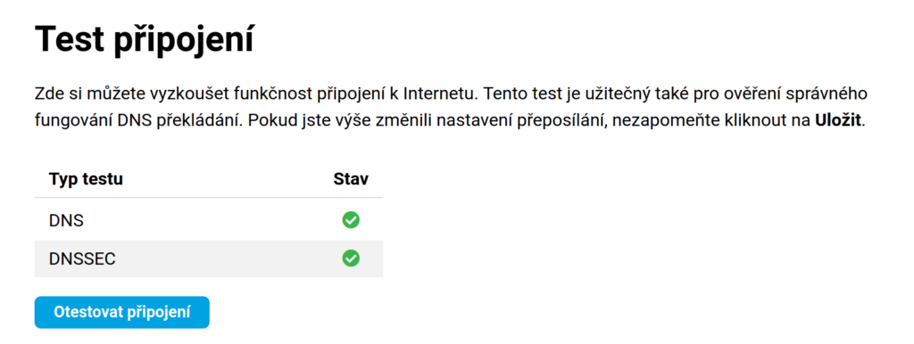 Test připojení s DNS serverem adguardu byl úspěšný