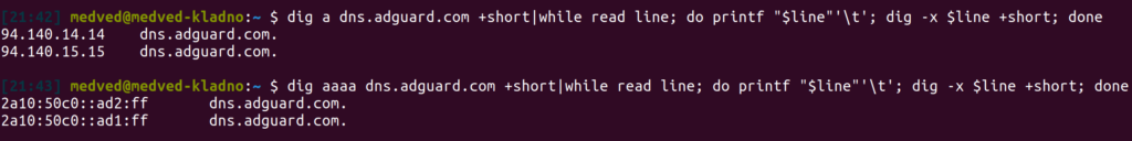 Kontrola IPv4 a IPv6 dns záznamů programem dig a kontrola reverzních záznamů v jednom:

dig aaaa dns.adguard.com +short|while read line; do printf "$line"'\t'; dig -x $line +short; done
2a10:50c0::ad1:ff	dns.adguard.com.
2a10:50c0::ad2:ff	dns.adguard.com.