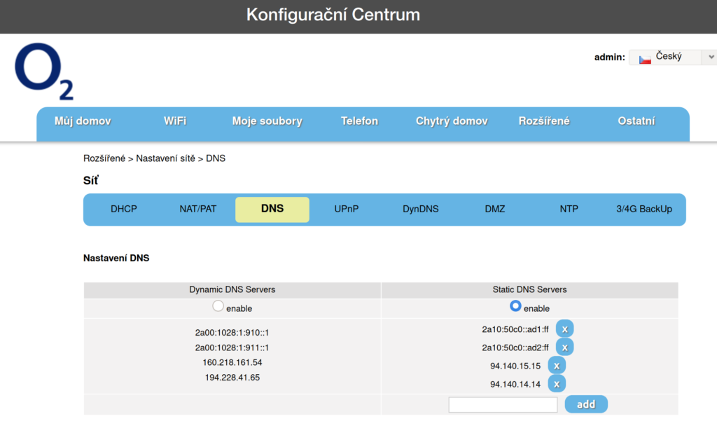 V konfiguračním centru vybereme rozšířené > nastavení sítě > DNS a zadáme IP adresy adguardu do sloupce Static DNS Servers a dáme enable.